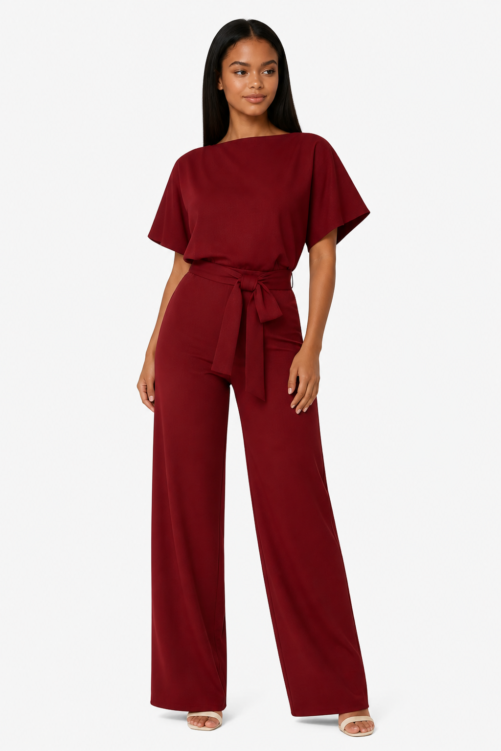 Wide Leg Jumpsuit With Waist Tie - Red - front