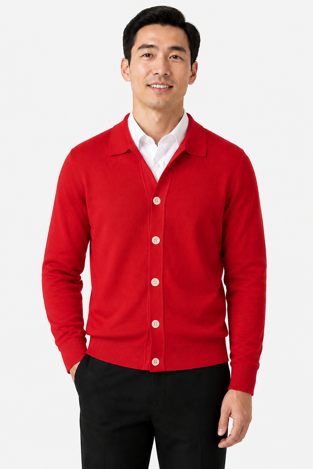 Men's Knit Cardigan Button Front Collar Classic Fit - Red - front