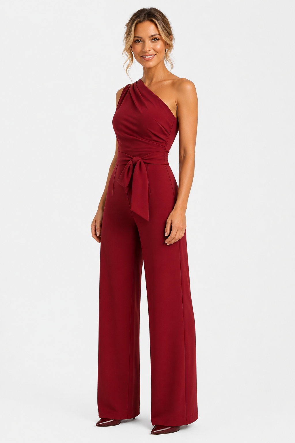 One Shoulder Wide Leg Jumpsuit - Red - side left
