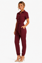 Collared Jumpsuit Belted Short Sleeve Everyday - Red - side left
