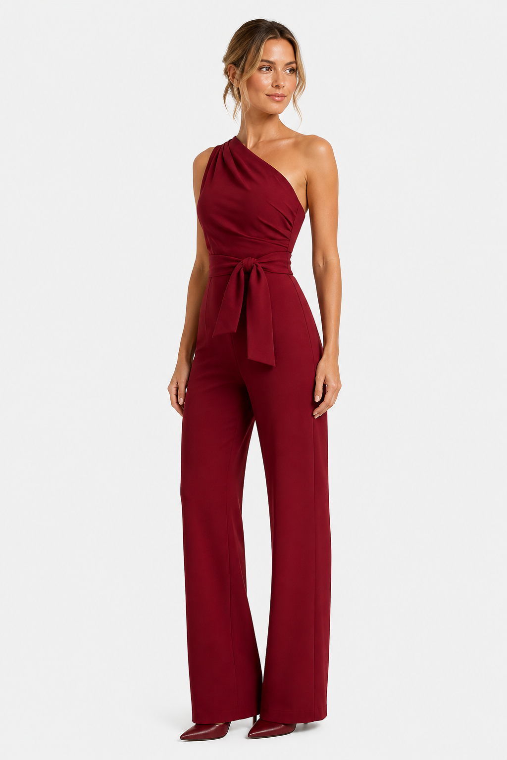 One Shoulder Wide Leg Jumpsuit - Red - side right