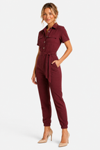 Collared Jumpsuit Belted Short Sleeve Everyday - Red - side right