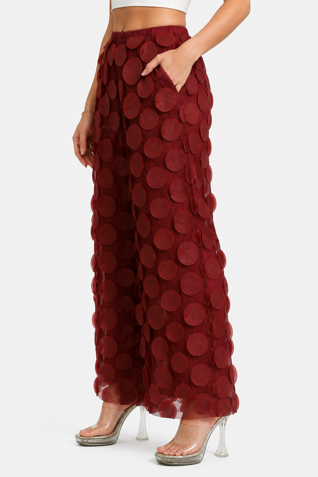 Bellaria – 3D circle appliqué – Wide-leg trousers - Red - side