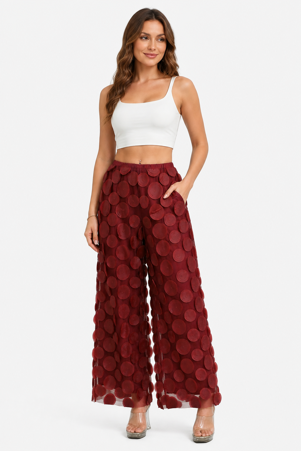 Bellaria – 3D circle appliqué – Wide-leg trousers - Red - whole body