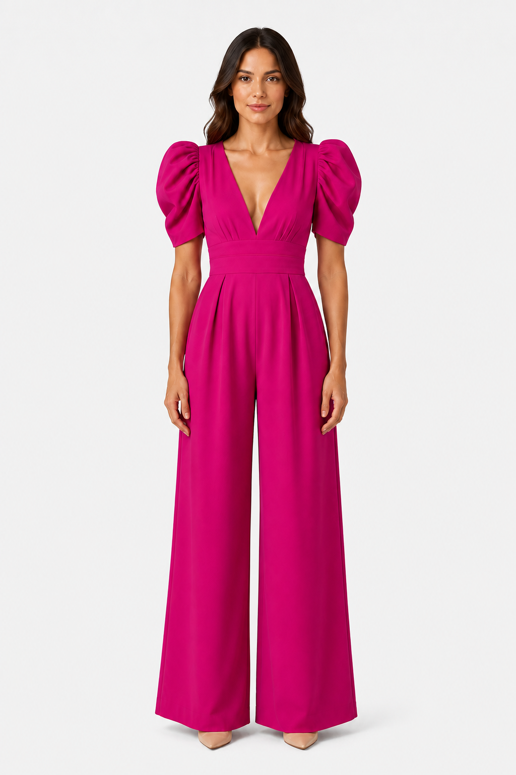 Women's Puff Sleeve Wide Leg Jumpsuit – Tailored Formal Style - Rose Red - front
