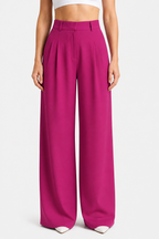 High Waist Wide Leg Trousers - Pleated - Rose red - front