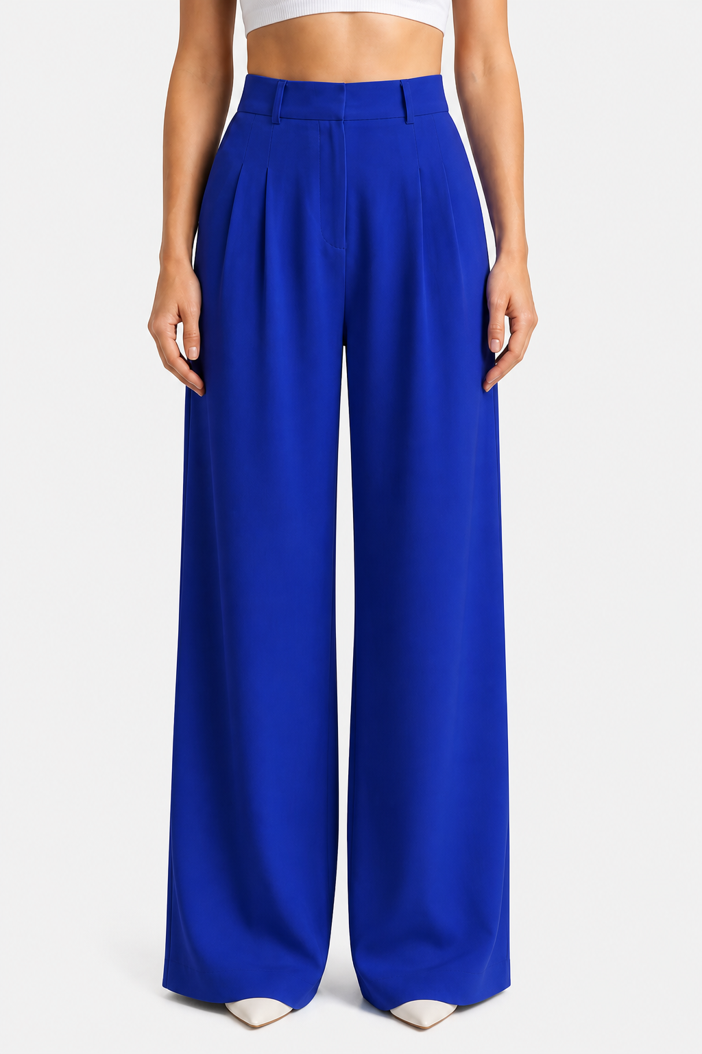 High Waist Wide Leg Trousers - Pleated - Royal blue - front