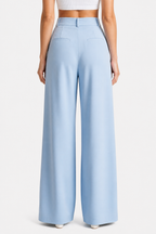 High Waist Wide Leg Trousers - Pleated - Sky blue - back