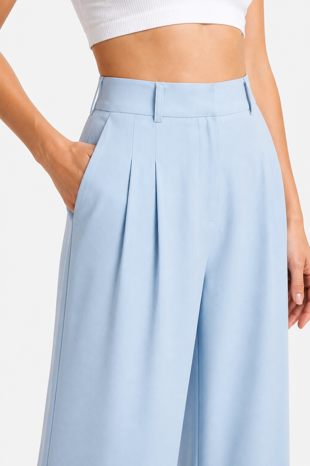 High Waist Wide Leg Trousers - Pleated - Sky blue - detail