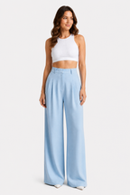 High Waist Wide Leg Trousers - Pleated - Sky blue - whole body 2