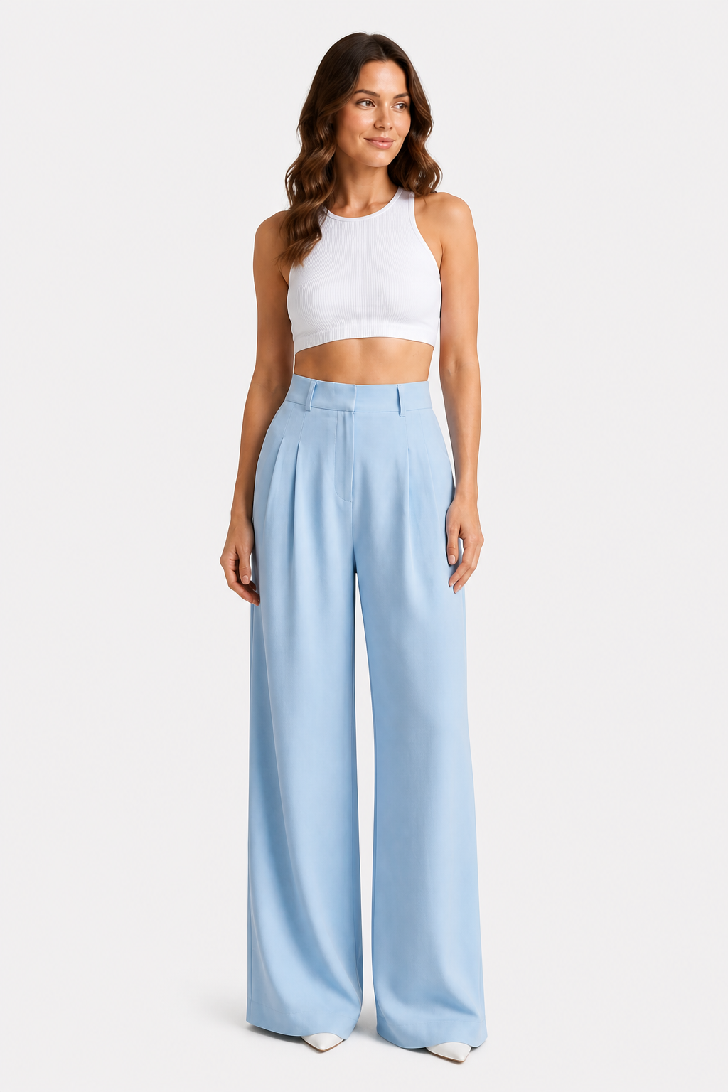 High Waist Wide Leg Trousers - Pleated - Sky blue - whole body 2