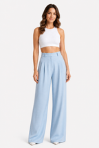 High Waist Wide Leg Trousers - Pleated - Sky blue - whole body