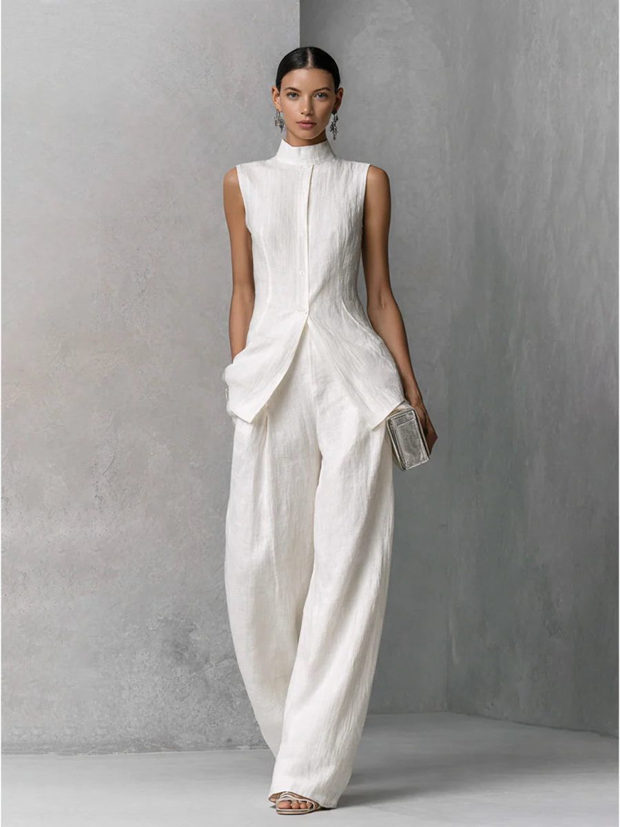 Linen Sleeveless Stand Collar Co-Ord Set - Elegant Style