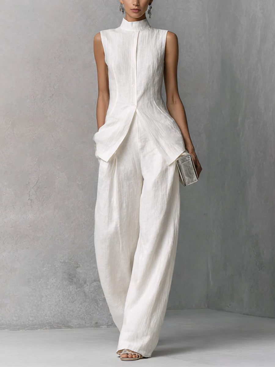 Linen Sleeveless Stand Collar Co-Ord Set - Elegant Style
