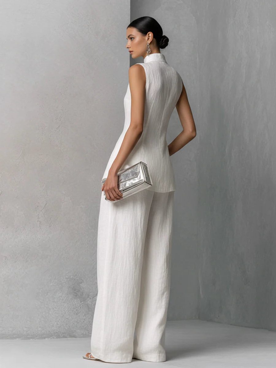 Linen Sleeveless Stand Collar Co-Ord Set - Elegant Style