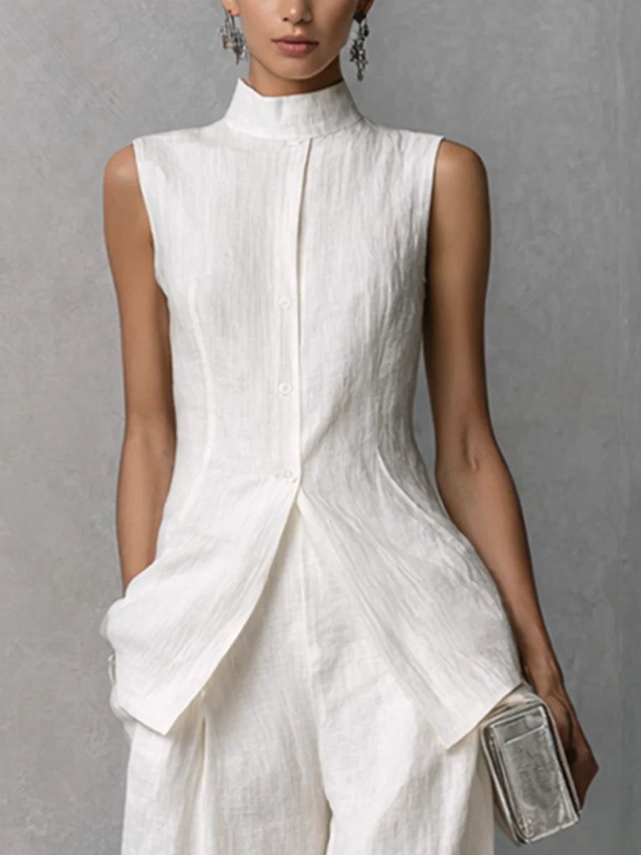Linen Sleeveless Stand Collar Co-Ord Set - Elegant Style