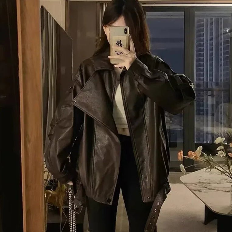 Women's Belted Faux Leather Jacket – Relaxed Bomber