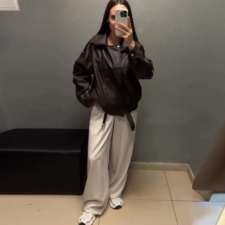 Women's Belted Faux Leather Jacket – Relaxed Bomber