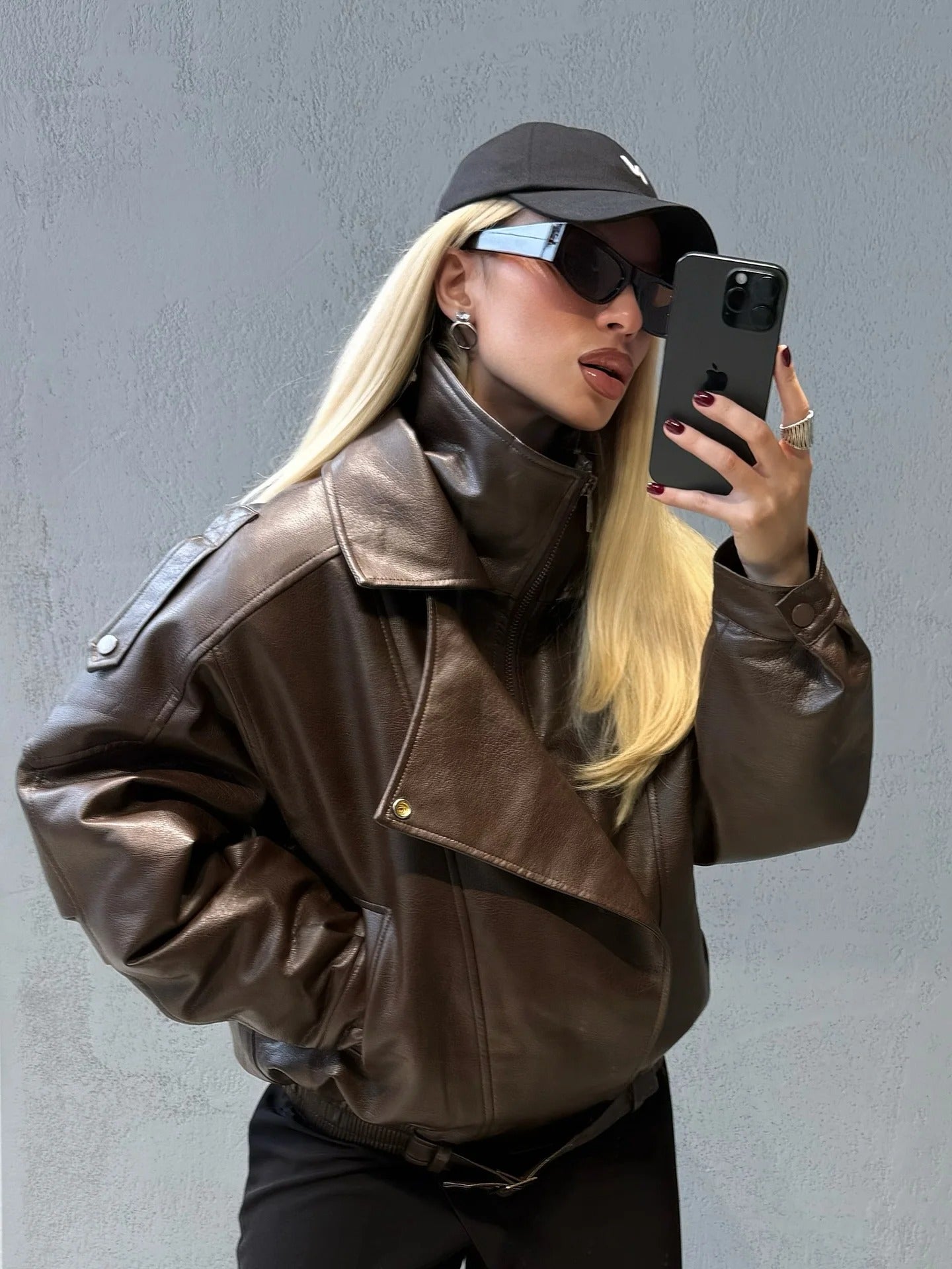 Women's Belted Faux Leather Jacket – Relaxed Bomber