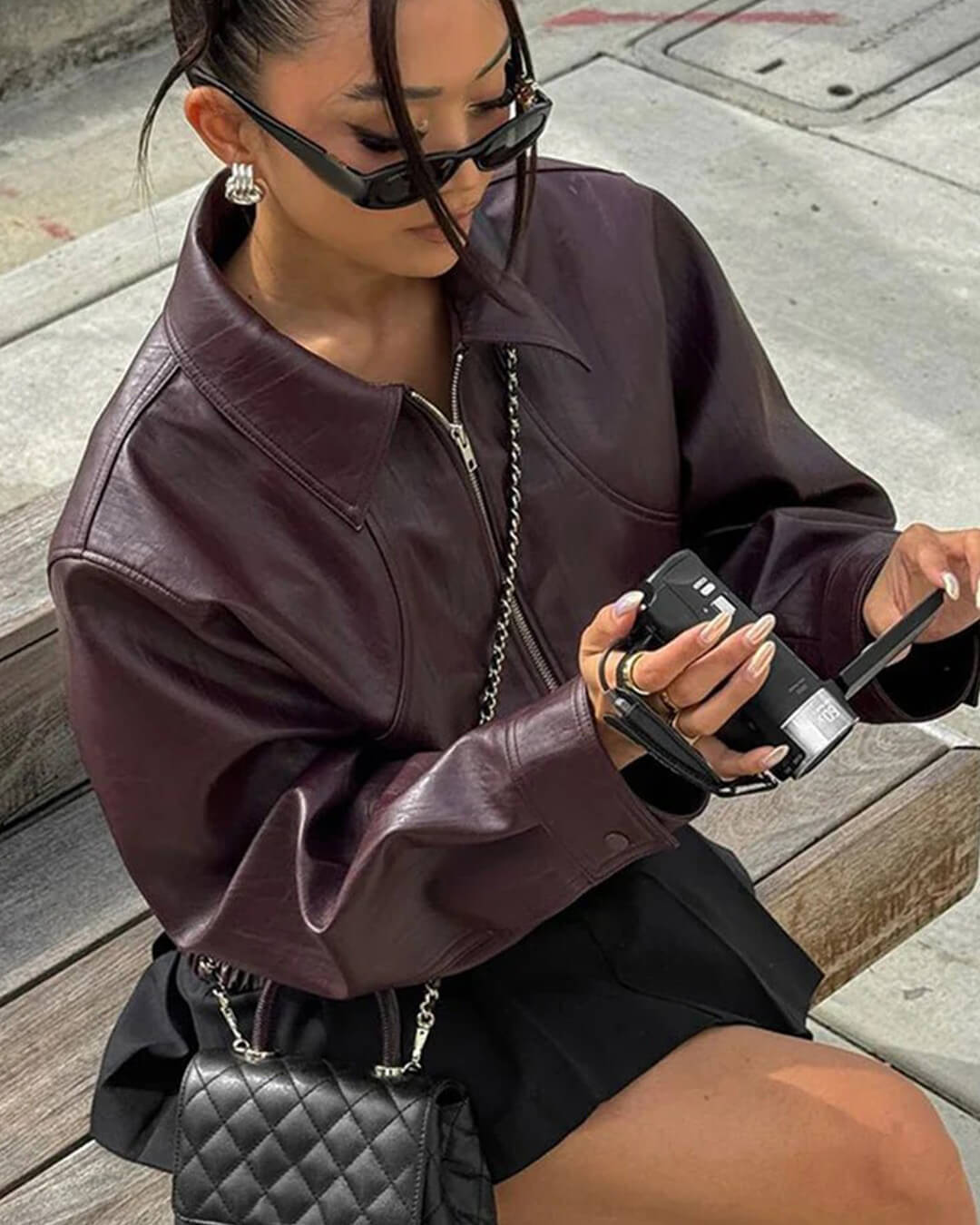 Women's Collared Faux Leather Jacket – Cropped Bomber
