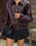 Women's Collared Faux Leather Jacket – Cropped Bomber