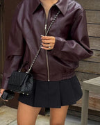 Women's Collared Faux Leather Jacket – Cropped Bomber