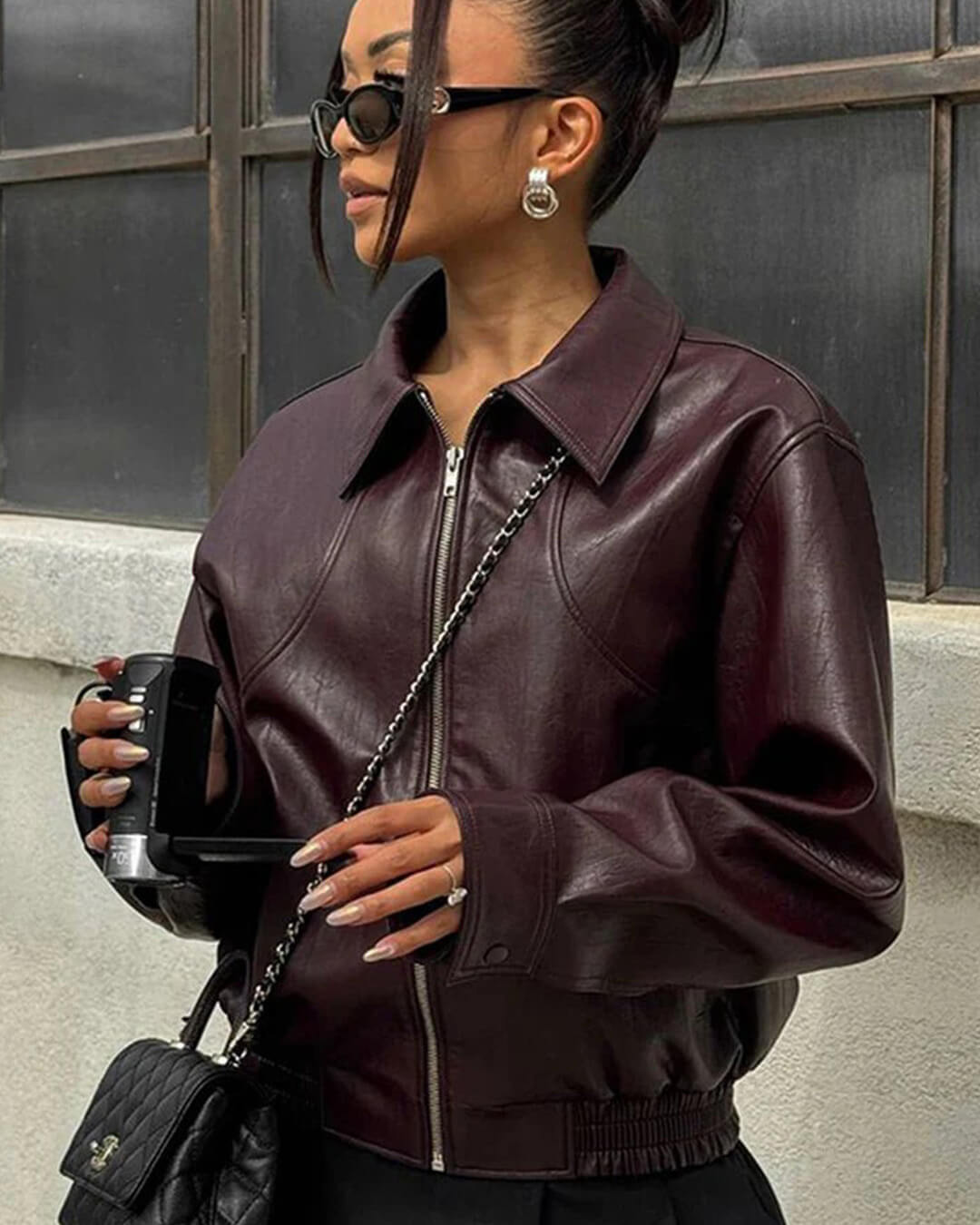 Women's Collared Faux Leather Jacket – Cropped Bomber