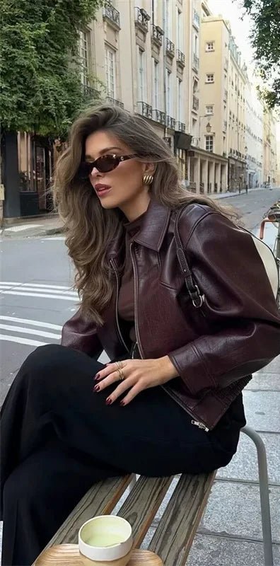 Women's Collared Faux Leather Jacket – Cropped Bomber