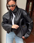 Women's Funnel-Neck Faux Leather Jacket – Cropped Fit