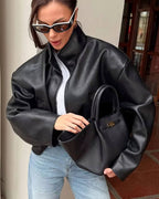 Women's Funnel-Neck Faux Leather Jacket – Cropped Fit