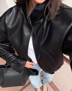 Women's Funnel-Neck Faux Leather Jacket – Cropped Fit