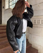 Women's Funnel-Neck Faux Leather Jacket – Cropped Fit