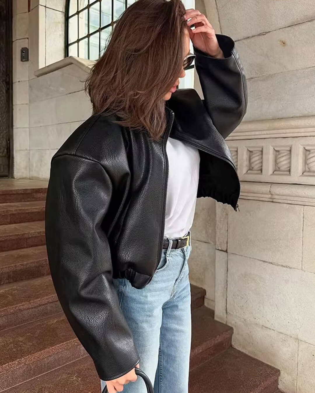 Women's Funnel-Neck Faux Leather Jacket – Cropped Fit