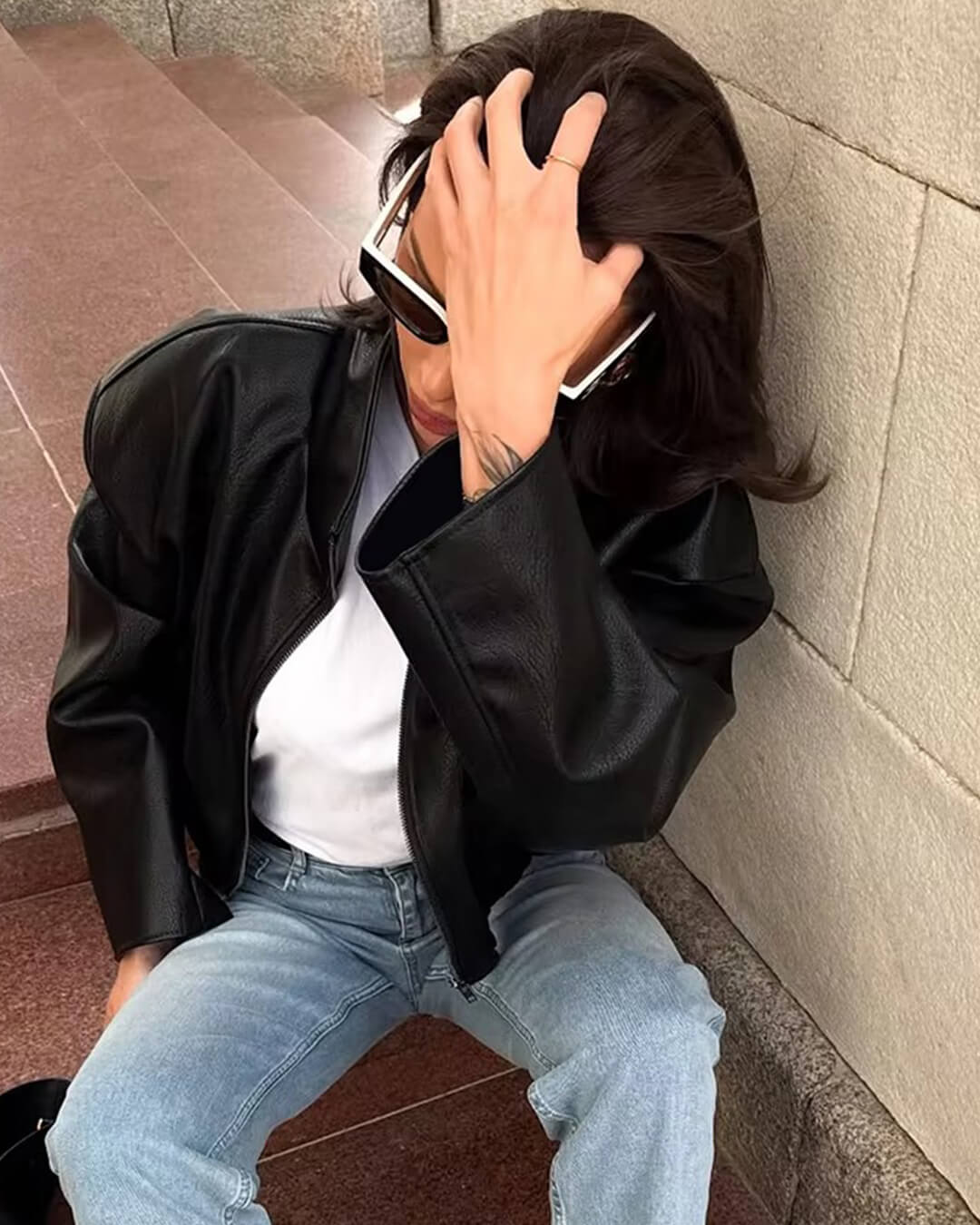 Women's Funnel-Neck Faux Leather Jacket – Cropped Fit