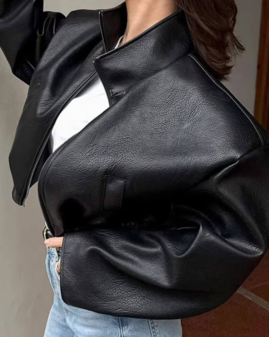 Women's Funnel-Neck Faux Leather Jacket – Cropped Fit