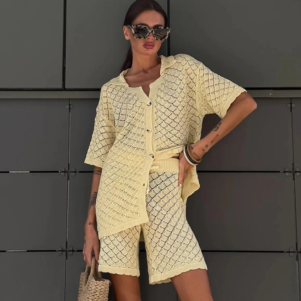 Women's Open Knit Cardigan Set – Shorts Co-Ord
