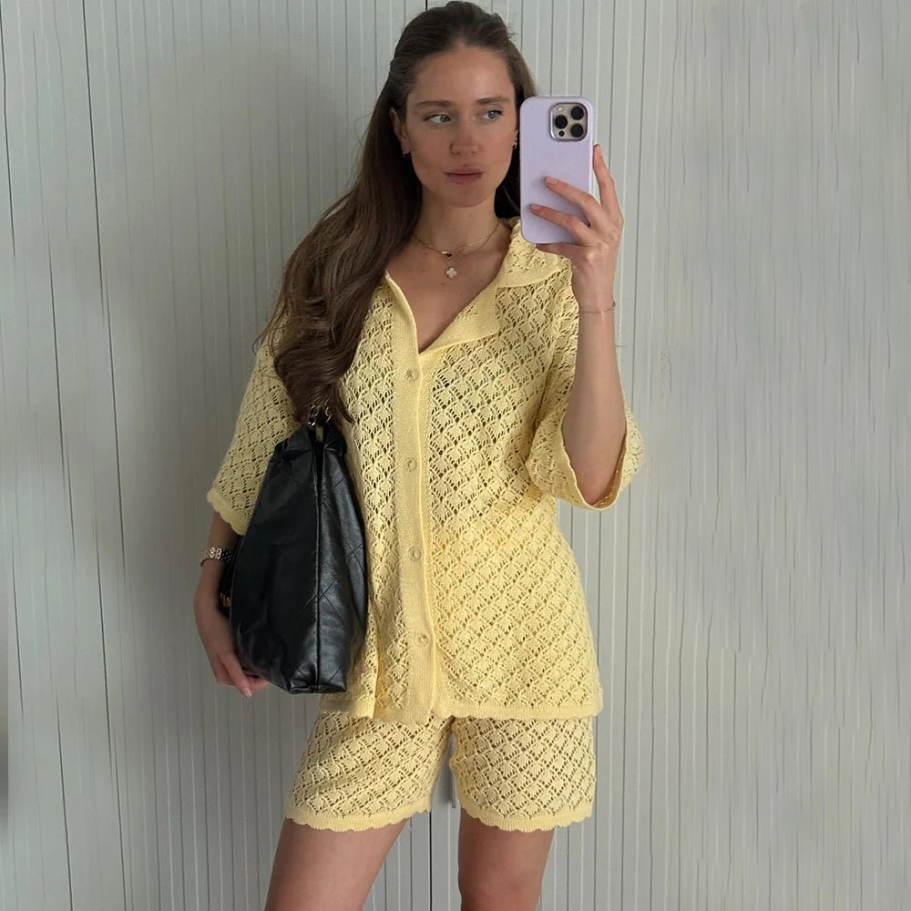 Women's Open Knit Cardigan Set – Shorts Co-Ord