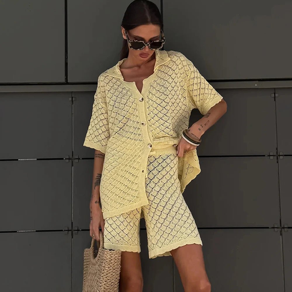 Women's Open Knit Cardigan Set – Shorts Co-Ord