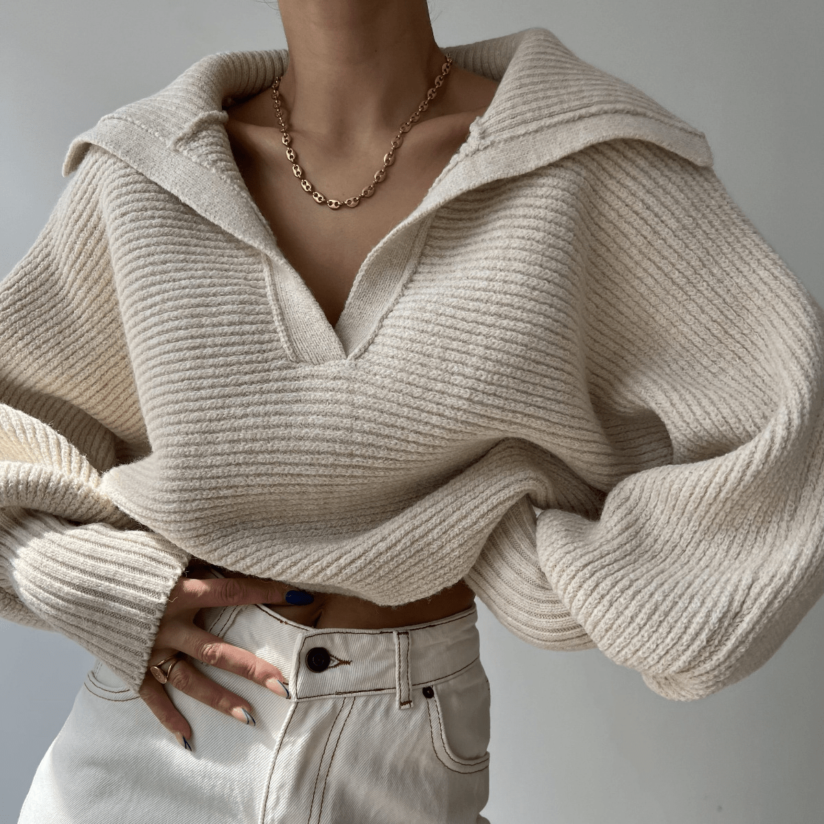 Women's Oversized Sweater – Collared Ribbed Knit