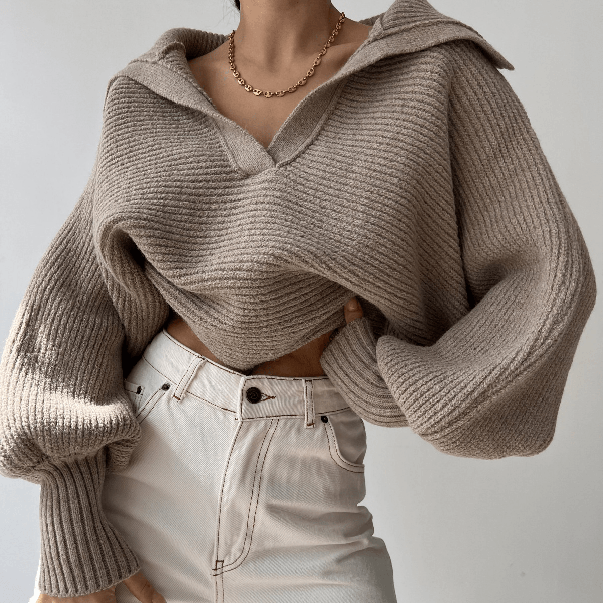 Women's Oversized Sweater – Collared Ribbed Knit
