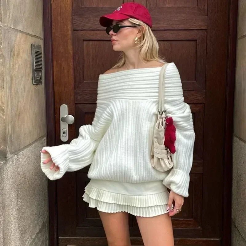 Women's Off Shoulder Sweater – Ribbed Relaxed Shape