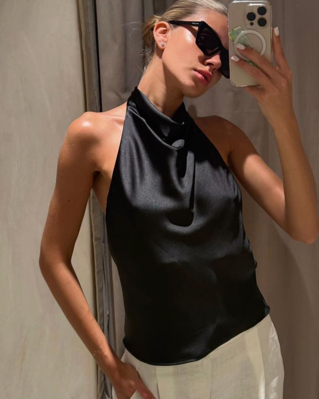 Women's Cowl-Neck Satin Top – Open-Back Halter