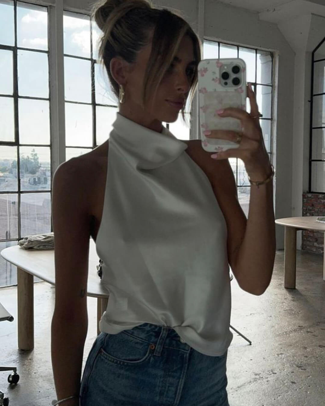 Women's Cowl-Neck Satin Top – Open-Back Halter