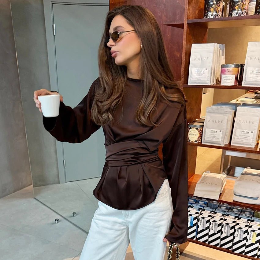 Women's Draped Satin Blouse – Cinched Waist