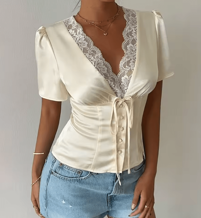 Women's Lace-Trim Satin Blouse – Puff-Sleeve Fit