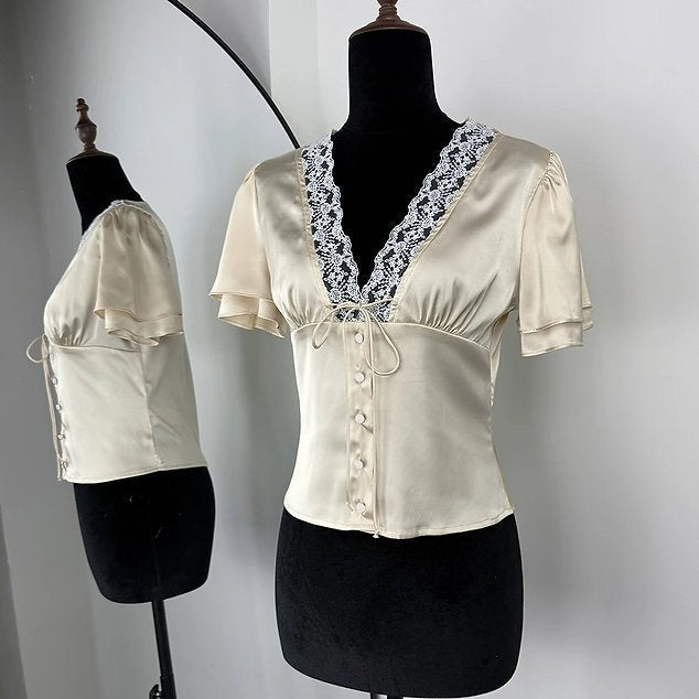 Women's Lace-Trim Satin Blouse – Puff-Sleeve Fit