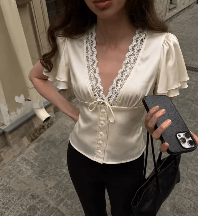 Women's Lace-Trim Satin Blouse – Puff-Sleeve Fit