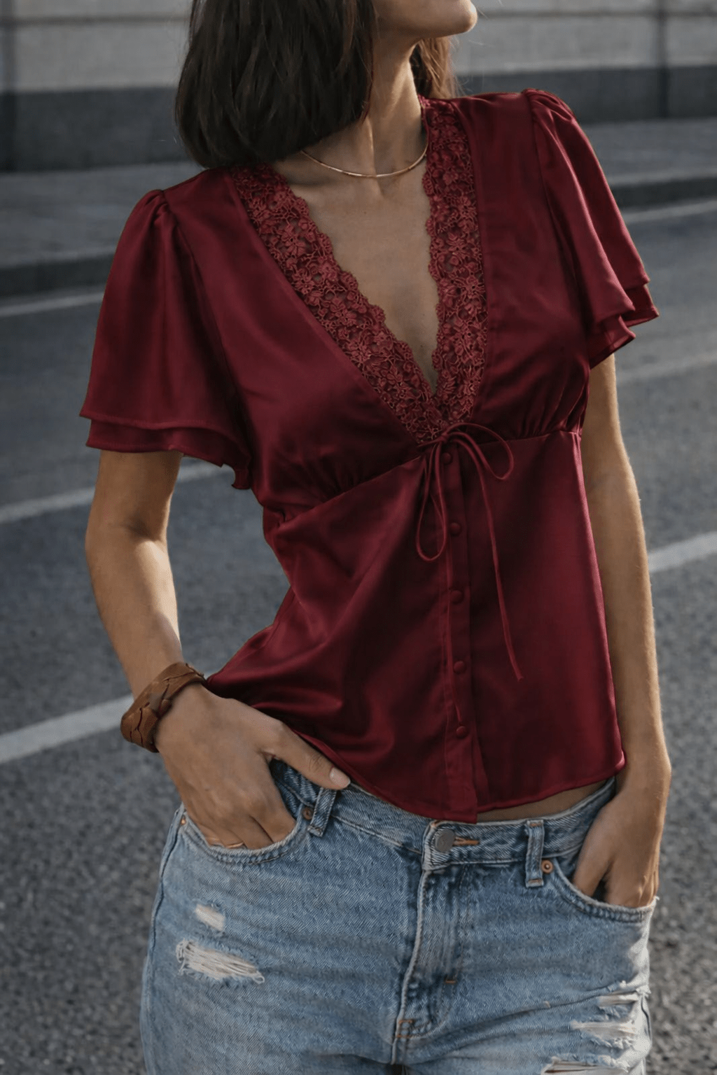 Women's Lace-Trim Satin Blouse – Puff-Sleeve Fit
