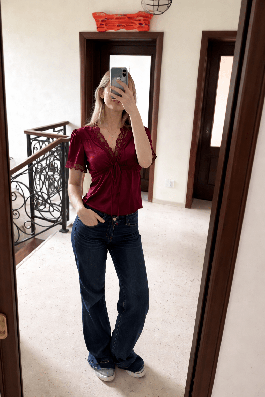 Women's Lace-Trim Satin Blouse – Puff-Sleeve Fit