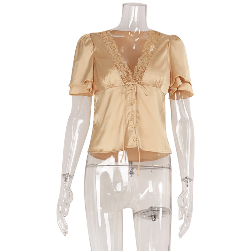 Women's Lace-Trim Satin Blouse – Puff-Sleeve Fit